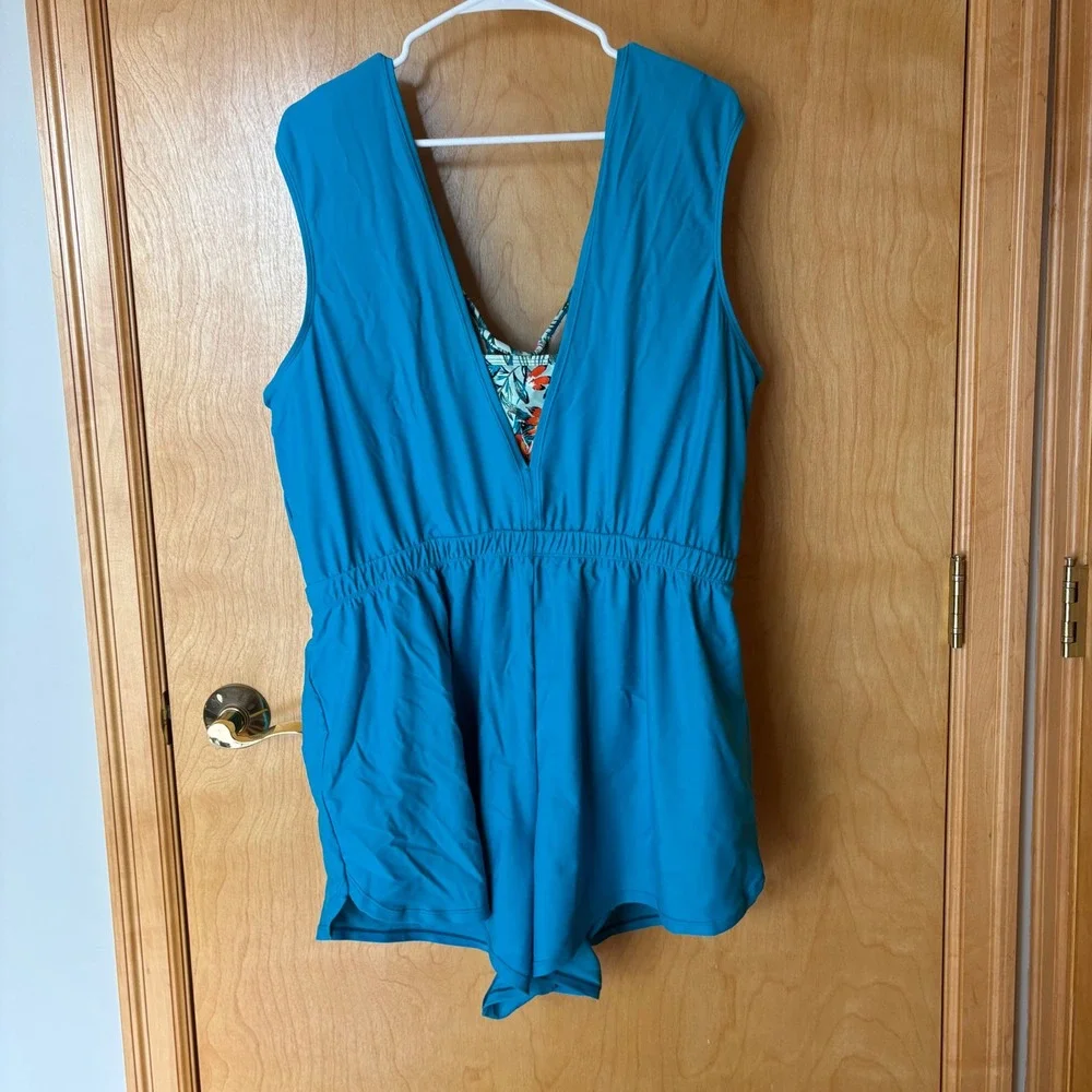 Swim by Cacique Swim Romper Womens 18 Blue Flamingo‎ Tropical V-Neck One-Piece